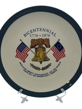 1776-1976 Bicentennial Liberty Bell Decorative Plate With U.S. Flags & Navy Rim